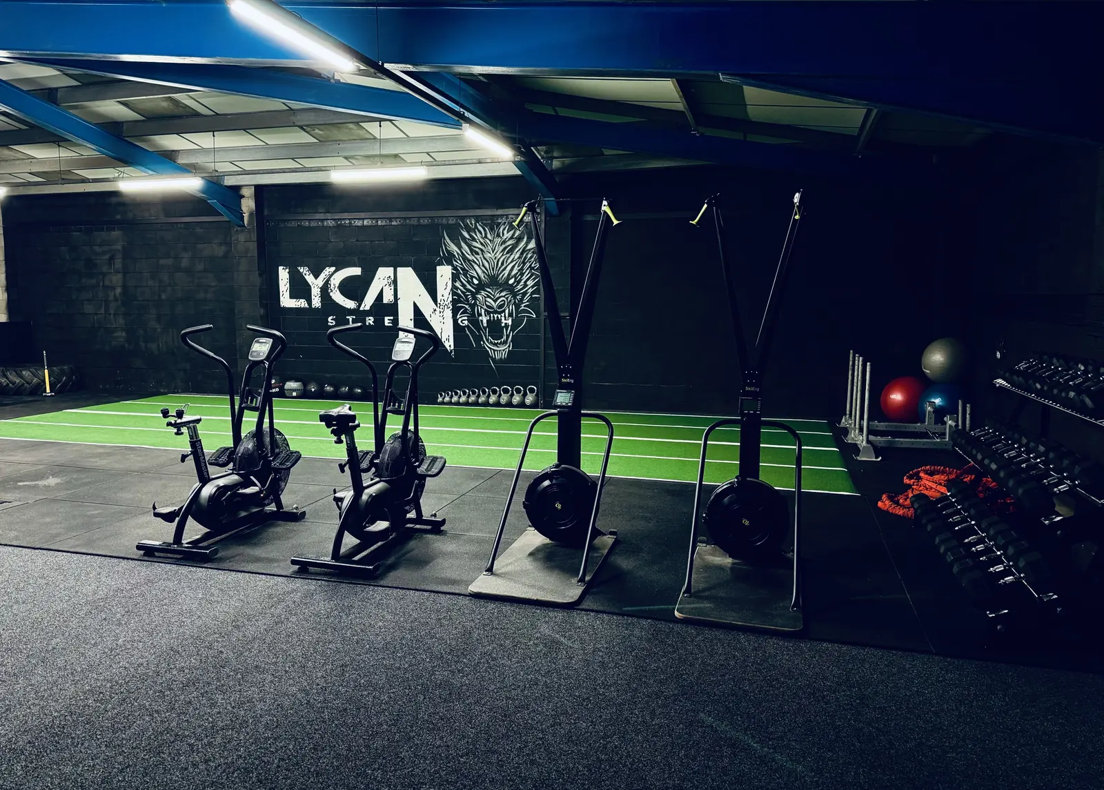 Air bikes lined up on the turf under the Lycan wall