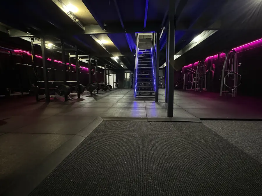 The gym floor under violet neon