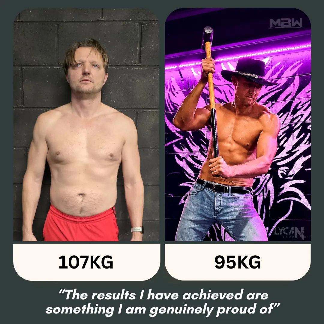 Before and after photos: 107kg, then 95kg holding a sledgehammer in the gym