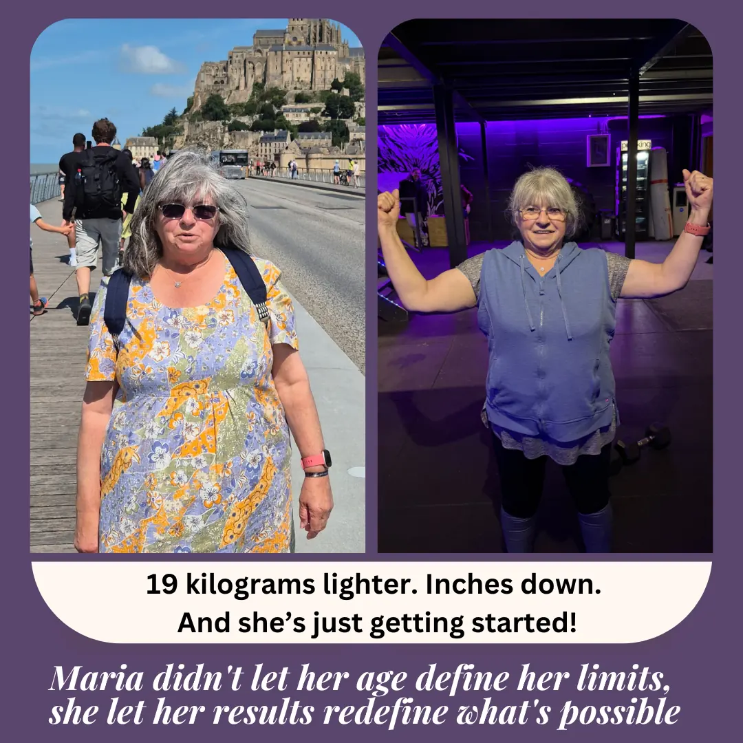Before and after photos of Maria, 19 kilograms lighter, arms raised in the gym
